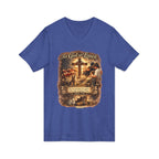 Christian Faith V-Neck Tee — "For God So Loved" Cross & Scripture