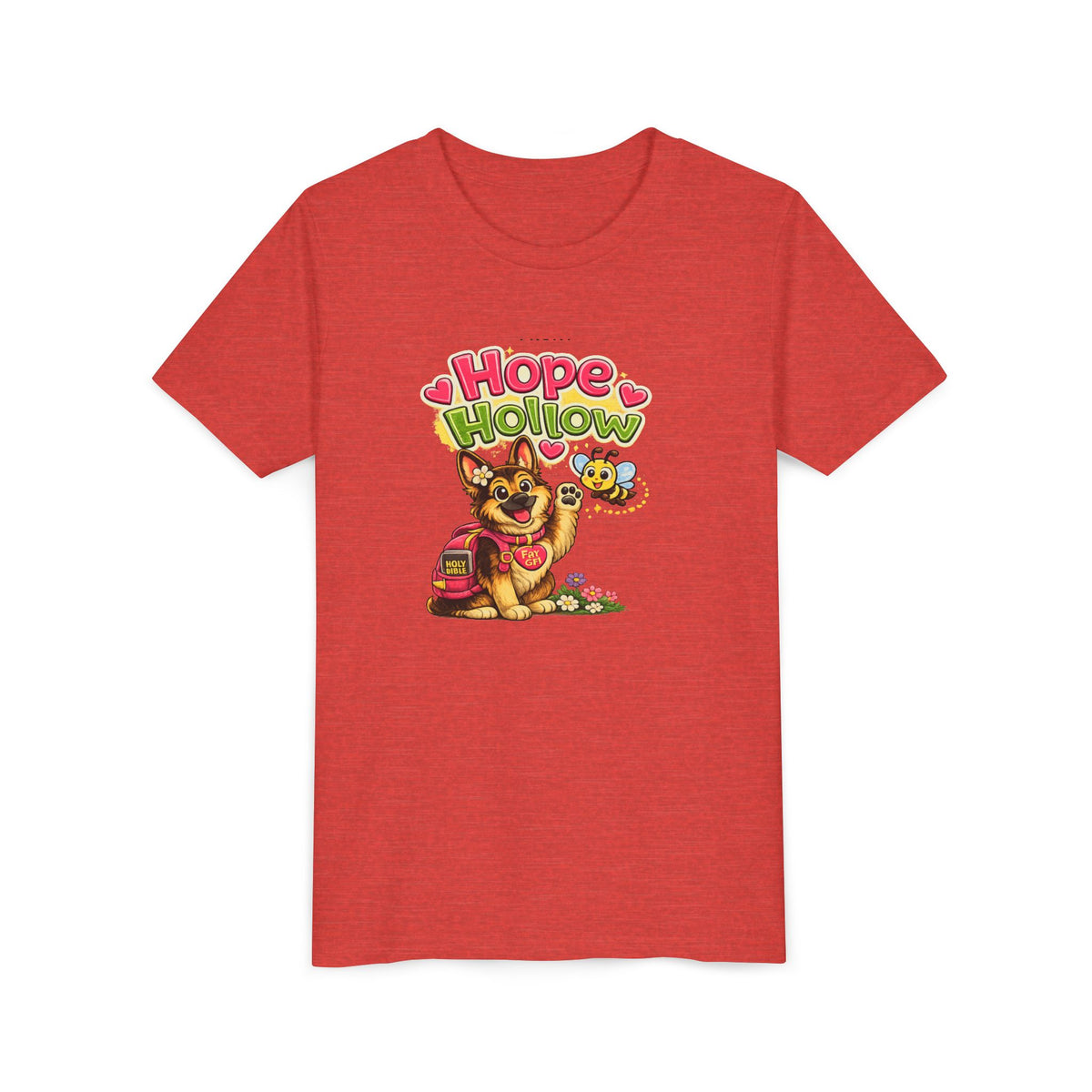 Youth Tee — "Hope Hollow" Christian Kids Shirt with Cute Puppy & "Walking in God's Love Every Day" Design