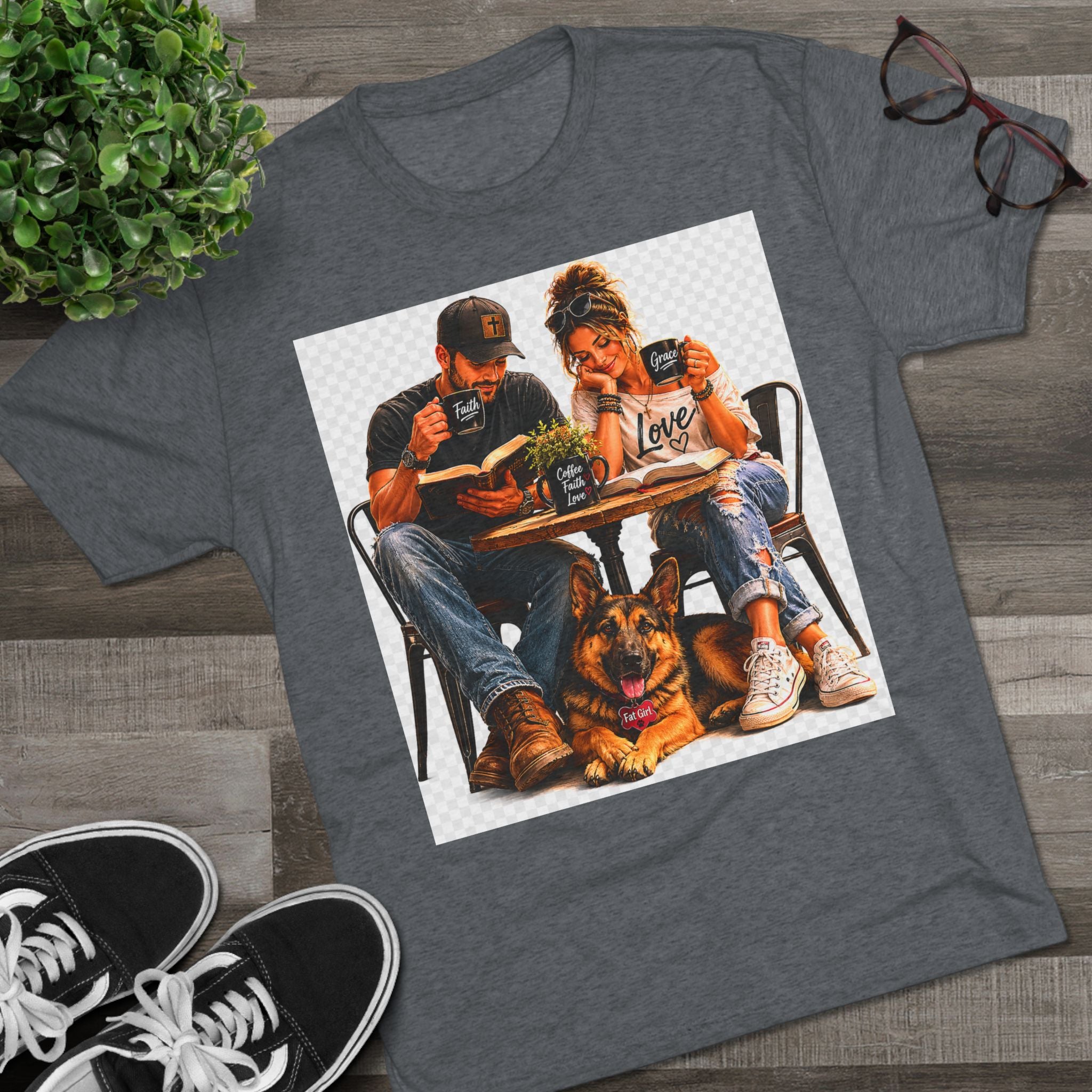 Couple Coffee Date T-Shirt with Dog — 'Love' Café Vibe Tee