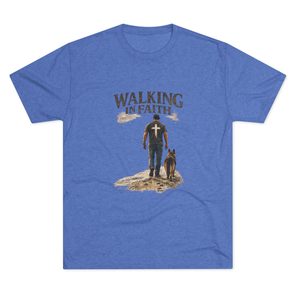 Walking in Faith T-Shirt — Christian Faith Tee with Man & Dog Graphic