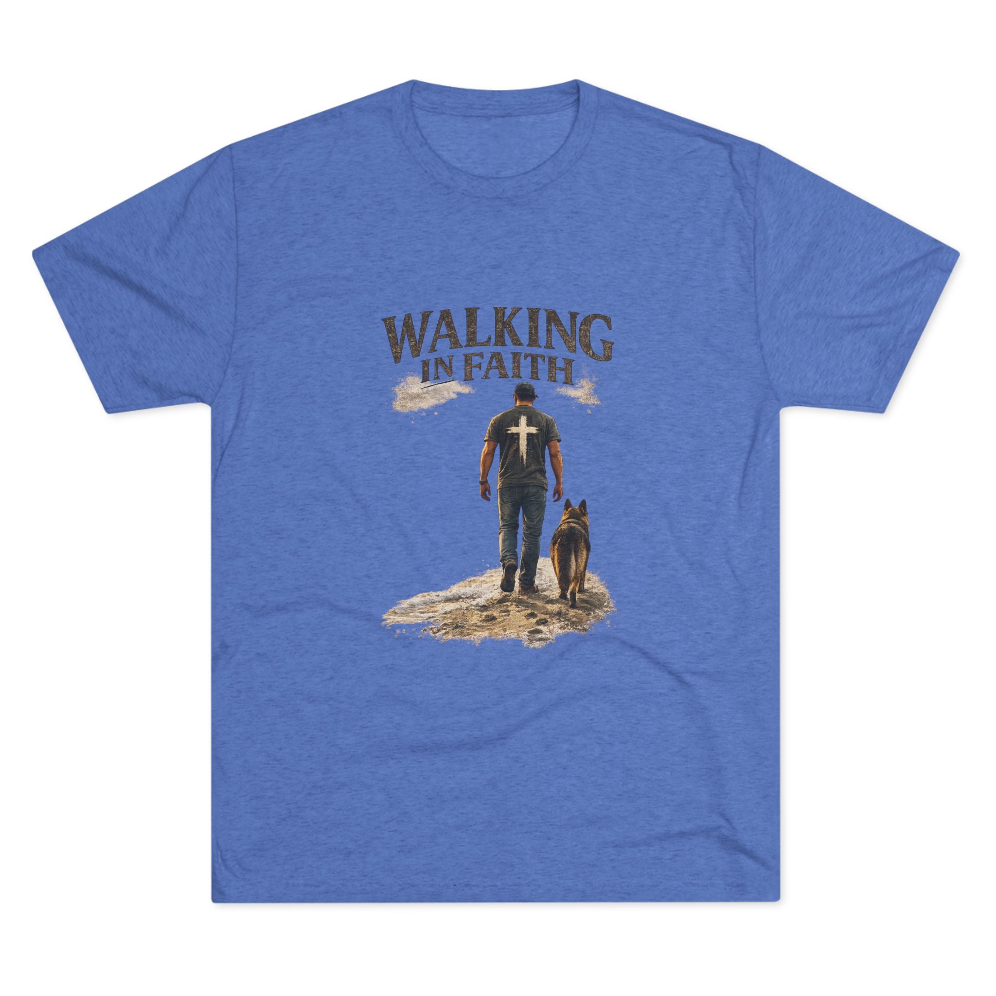 Walking in Faith T-Shirt — Christian Faith Tee with Man & Dog Graphic