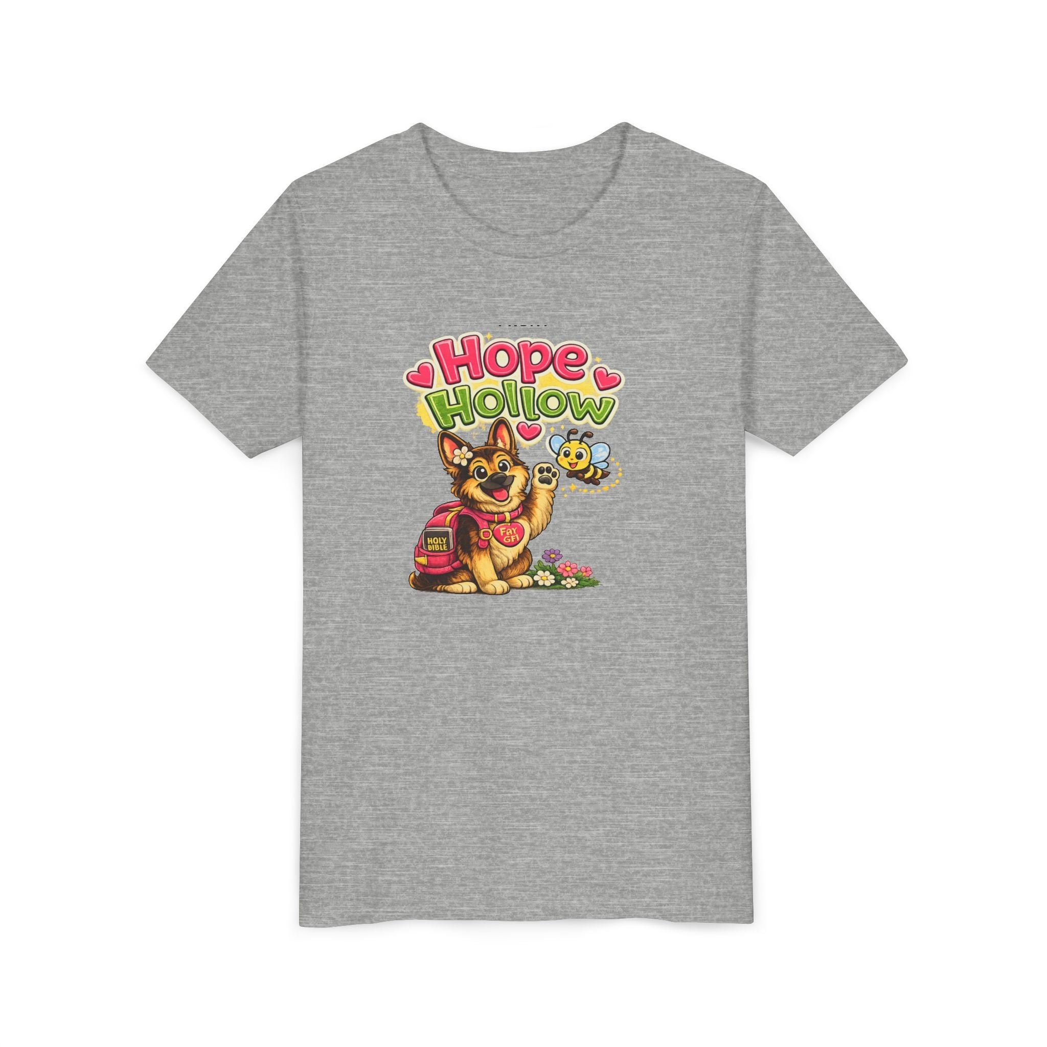 Youth Tee — "Hope Hollow" Christian Kids Shirt with Cute Puppy & "Walking in God's Love Every Day" Design
