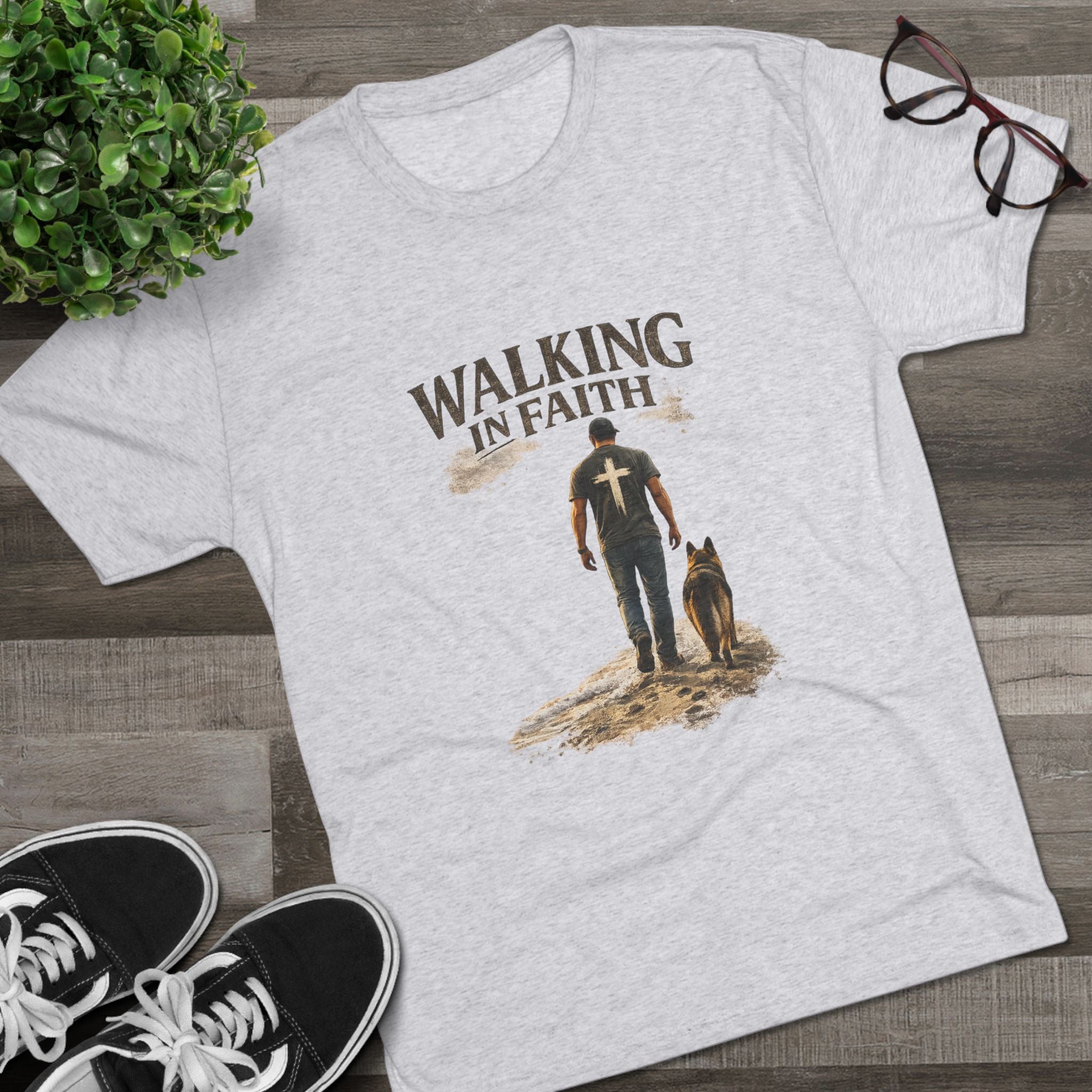 Walking in Faith T-Shirt — Christian Faith Tee with Man & Dog Graphic