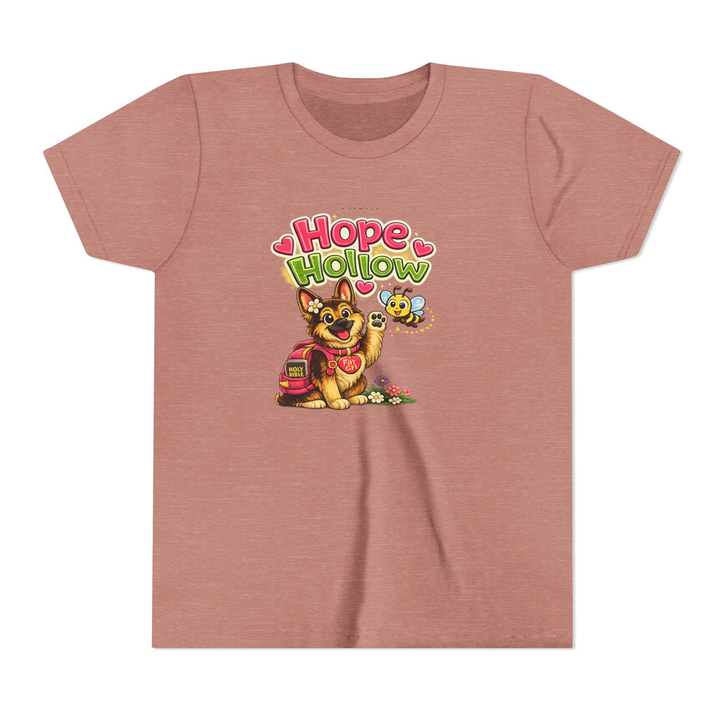 Youth Tee — "Hope Hollow" Christian Kids Shirt with Cute Puppy & "Walking in God's Love Every Day" Design
