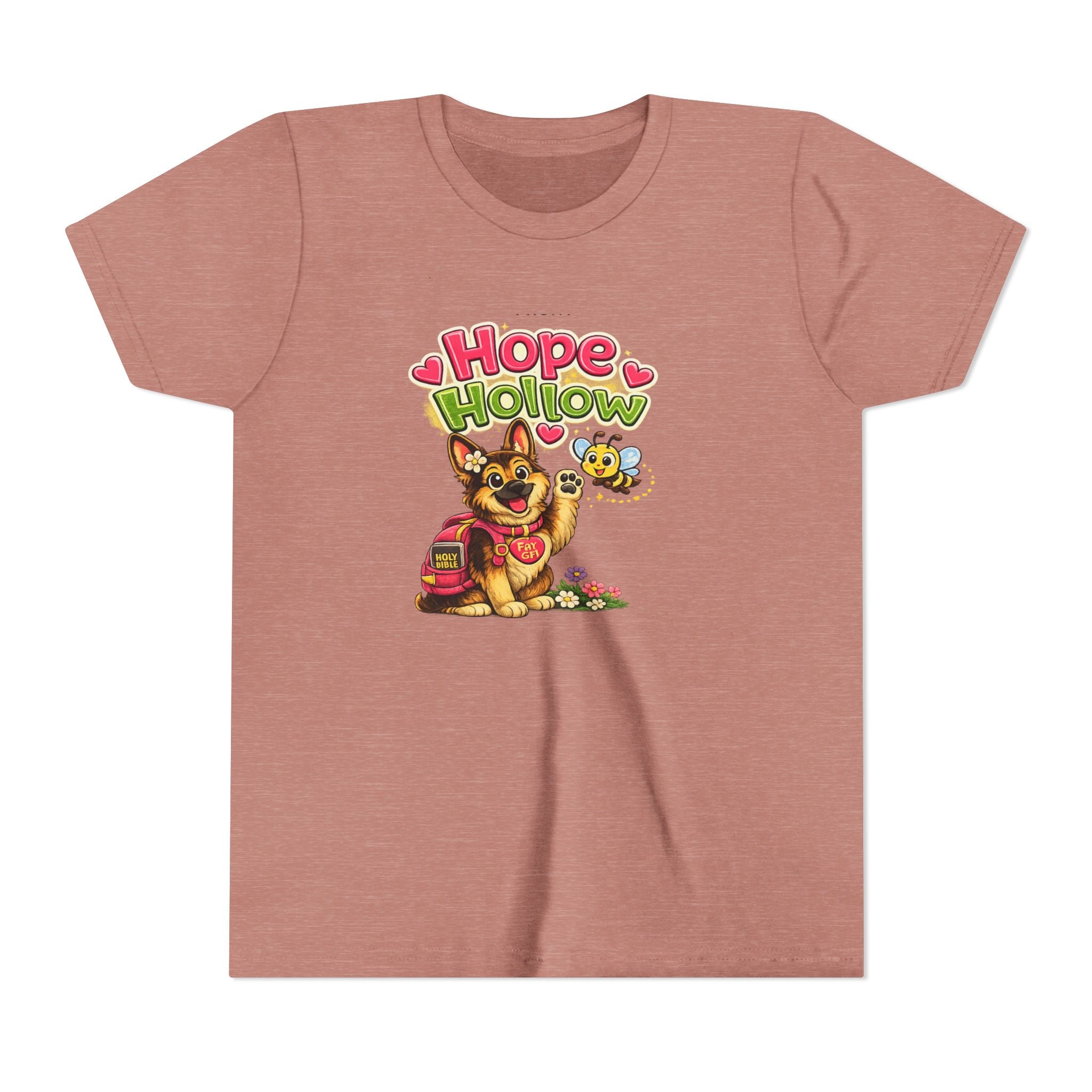 Youth Tee — "Hope Hollow" Christian Kids Shirt with Cute Puppy & "Walking in God's Love Every Day" Design