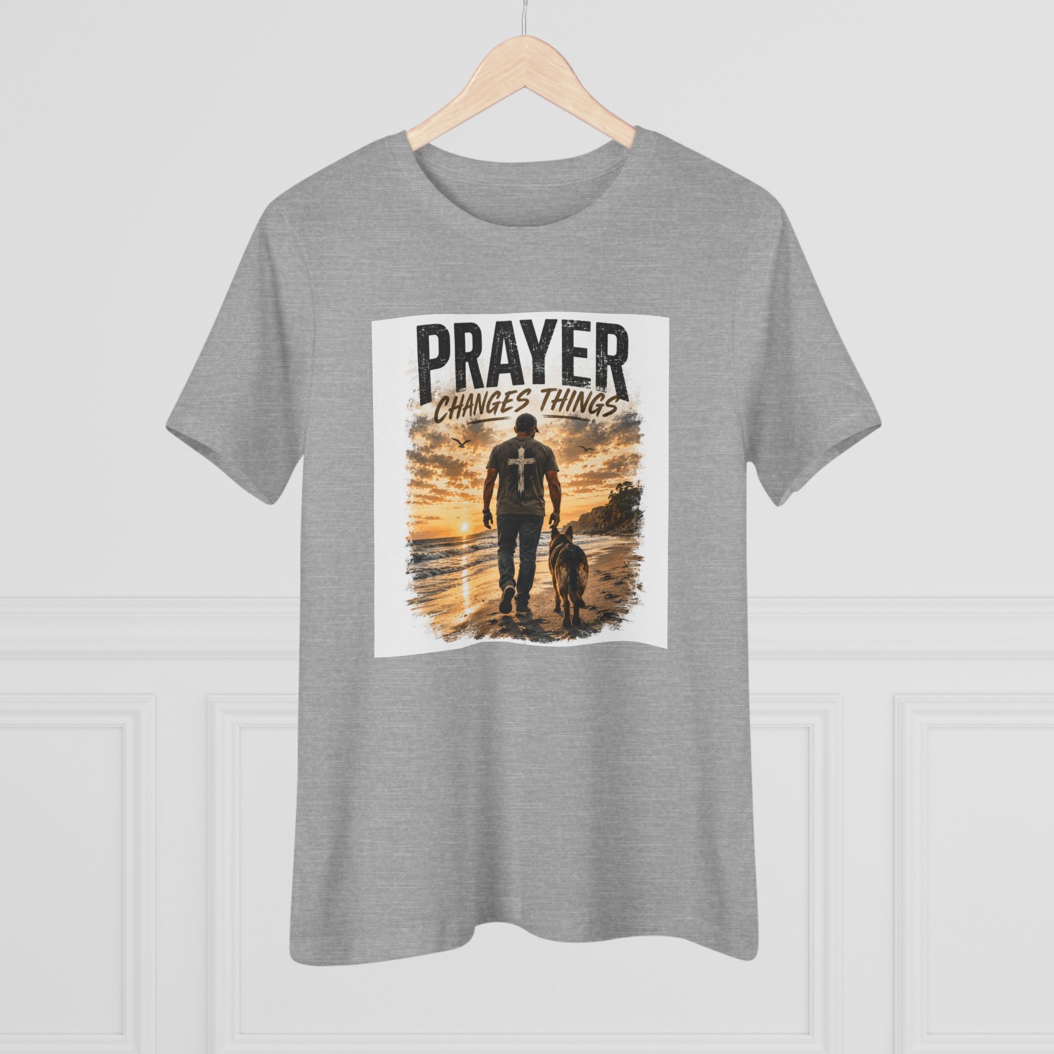 Prayer Changes Things Women’s Tee — Inspirational Christian Faith Shirt (Father & Child Sunset Design)