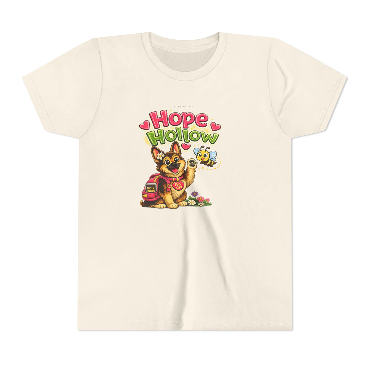 Youth Tee — "Hope Hollow" Christian Kids Shirt with Cute Puppy & "Walking in God's Love Every Day" Design