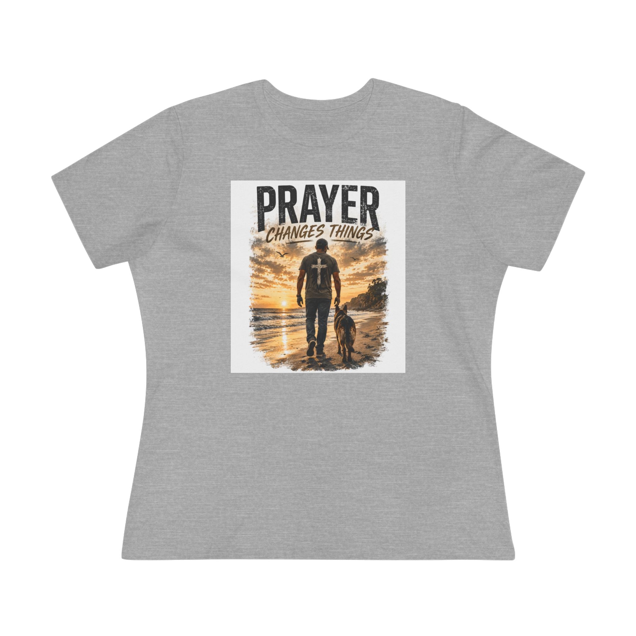 Prayer Changes Things Women’s Tee — Inspirational Christian Faith Shirt (Father & Child Sunset Design)