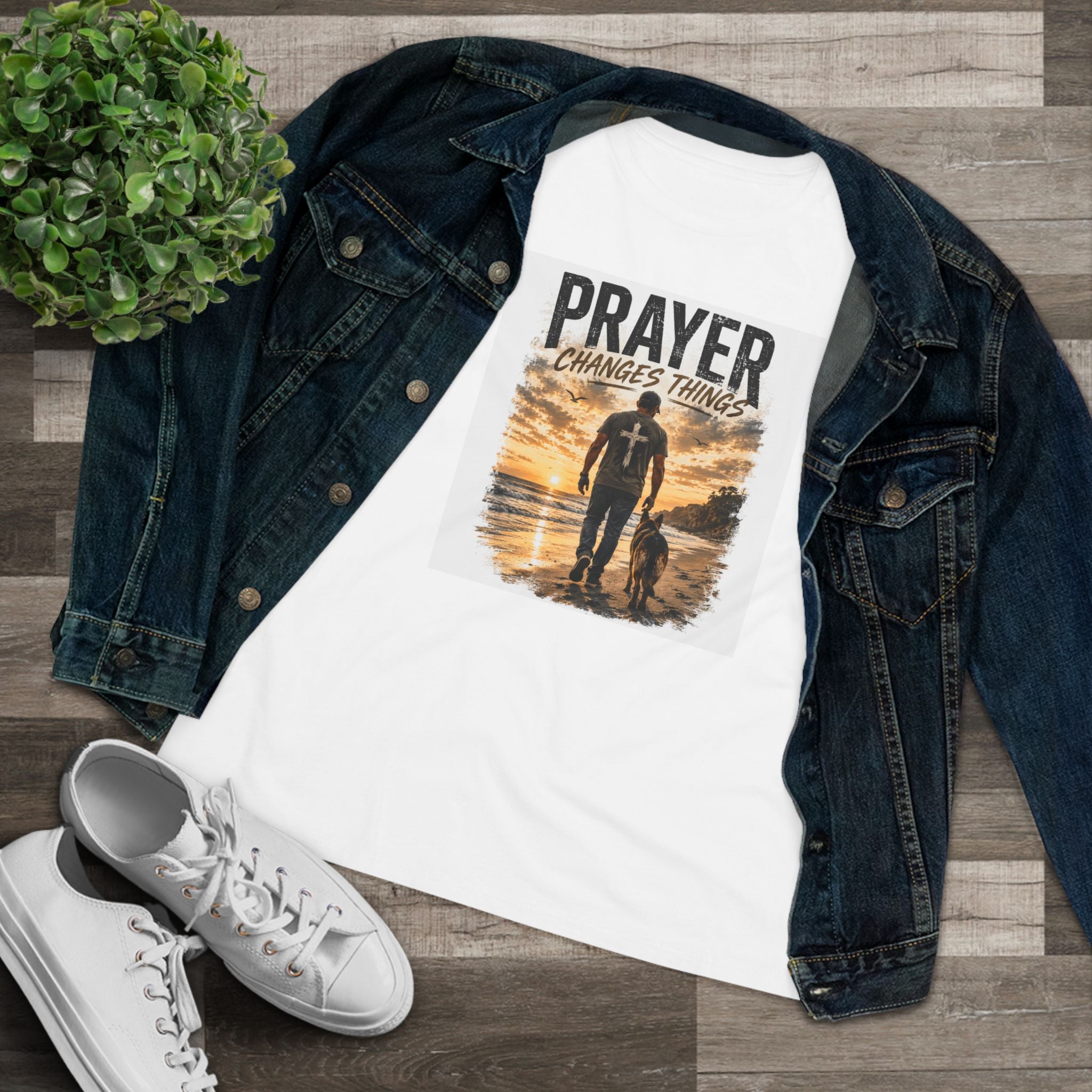 Prayer Changes Things Women’s Tee — Inspirational Christian Faith Shirt (Father & Child Sunset Design)
