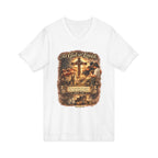 Christian Faith V-Neck Tee — "For God So Loved" Cross & Scripture