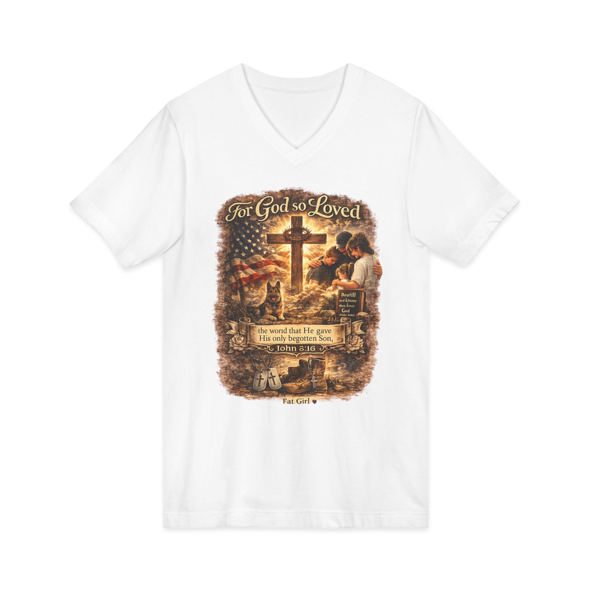 Christian Faith V-Neck Tee — "For God So Loved" Cross & Scripture