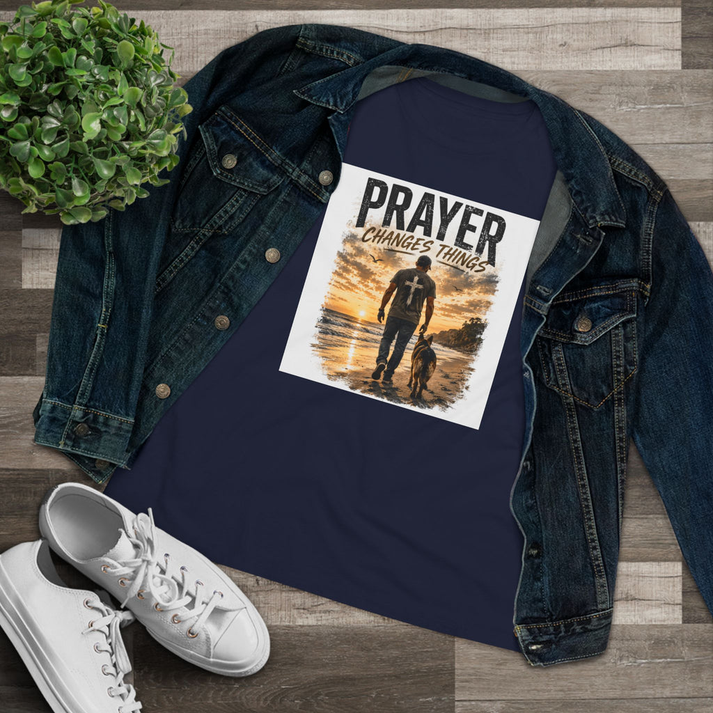 Prayer Changes Things Women’s Tee — Inspirational Christian Faith Shirt (Father & Child Sunset Design)