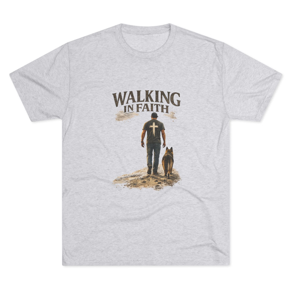 Walking in Faith T-Shirt — Christian Faith Tee with Man & Dog Graphic