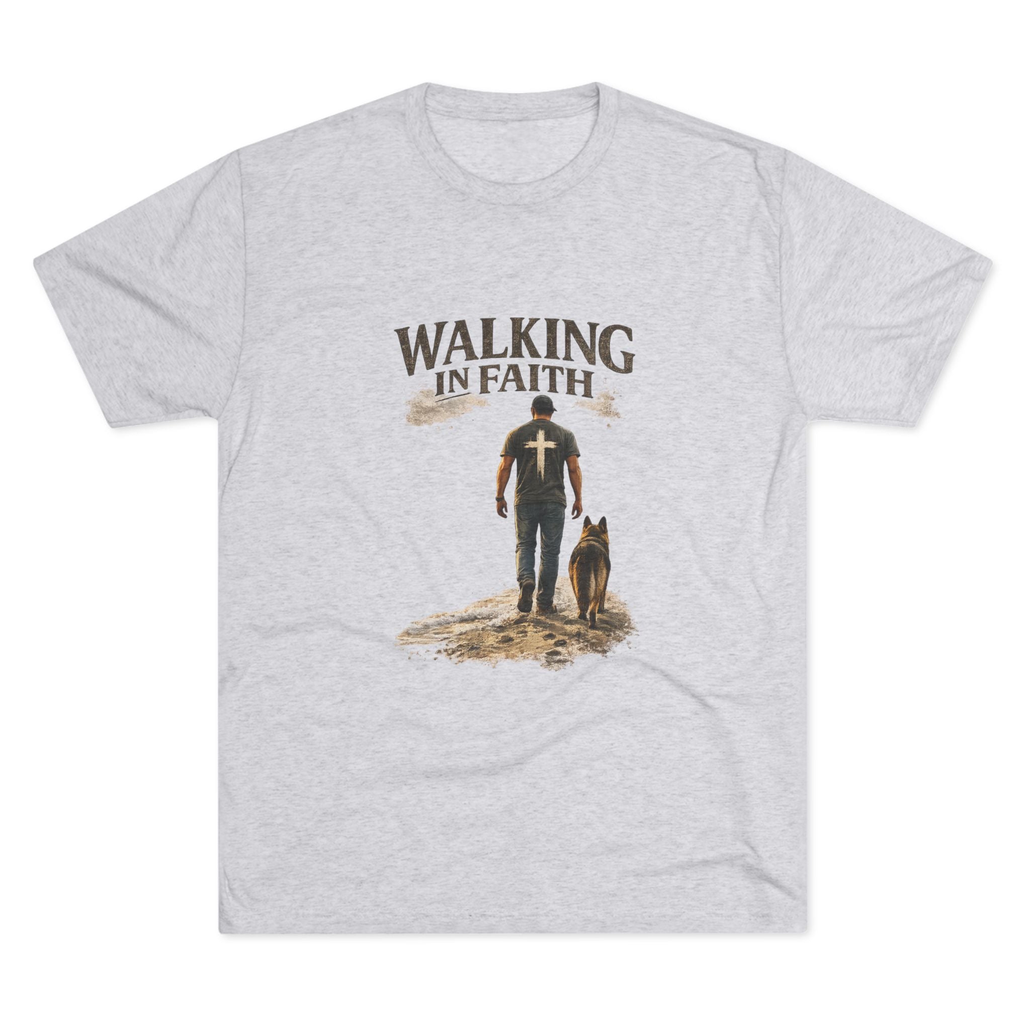 Walking in Faith T-Shirt — Christian Faith Tee with Man & Dog Graphic