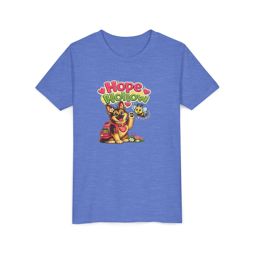 Youth Tee — "Hope Hollow" Christian Kids Shirt with Cute Puppy & "Walking in God's Love Every Day" Design