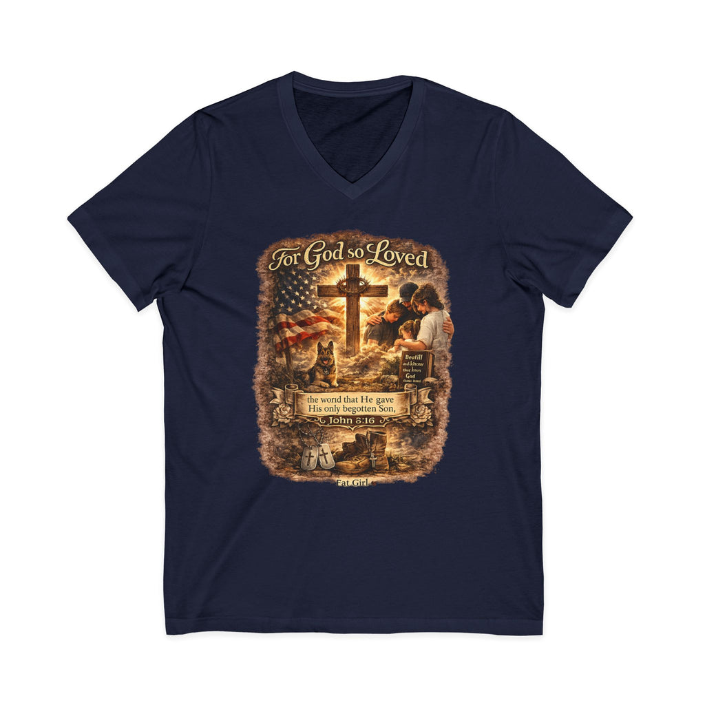 Christian Faith V-Neck Tee — "For God So Loved" Cross & Scripture