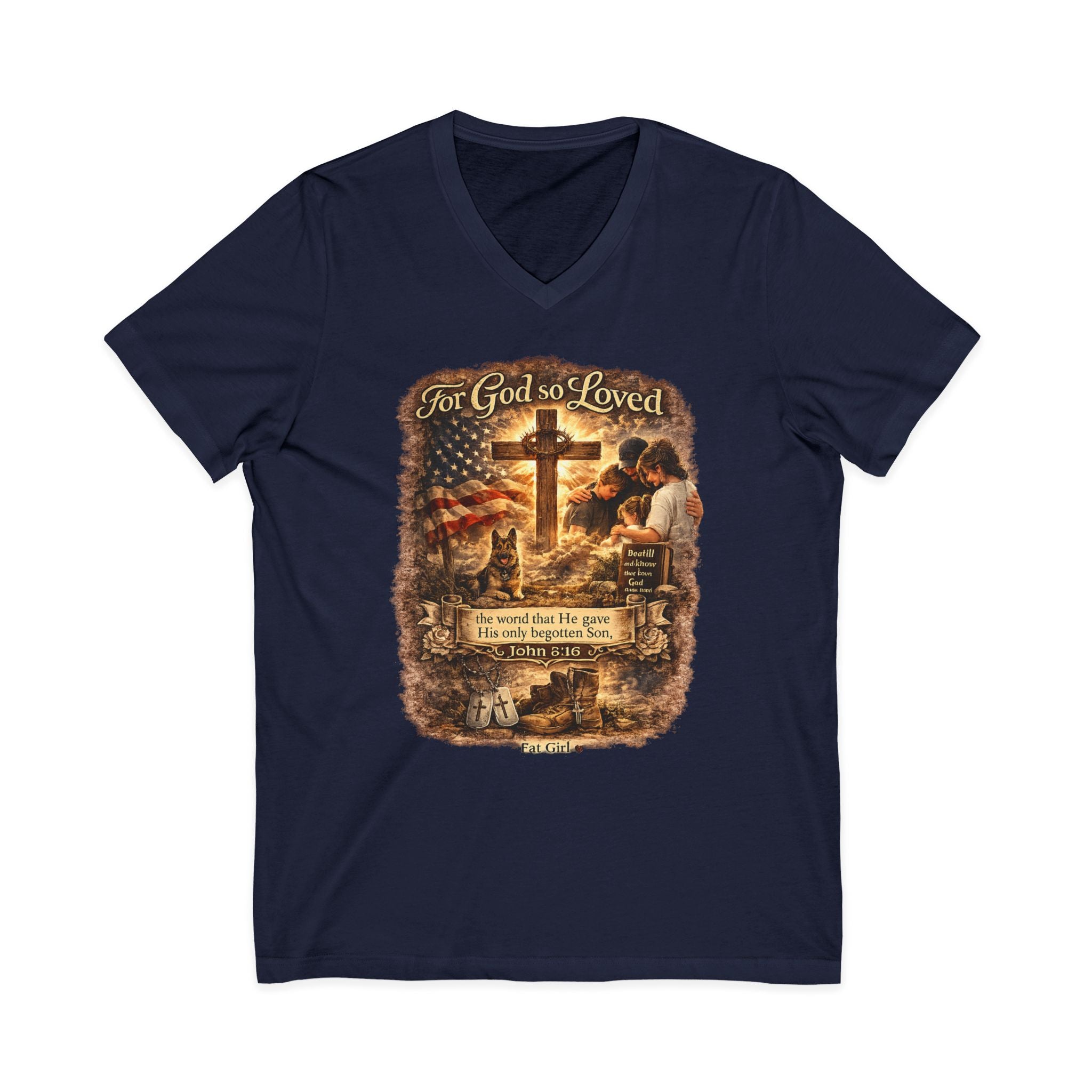 Christian Faith V-Neck Tee — "For God So Loved" Cross & Scripture