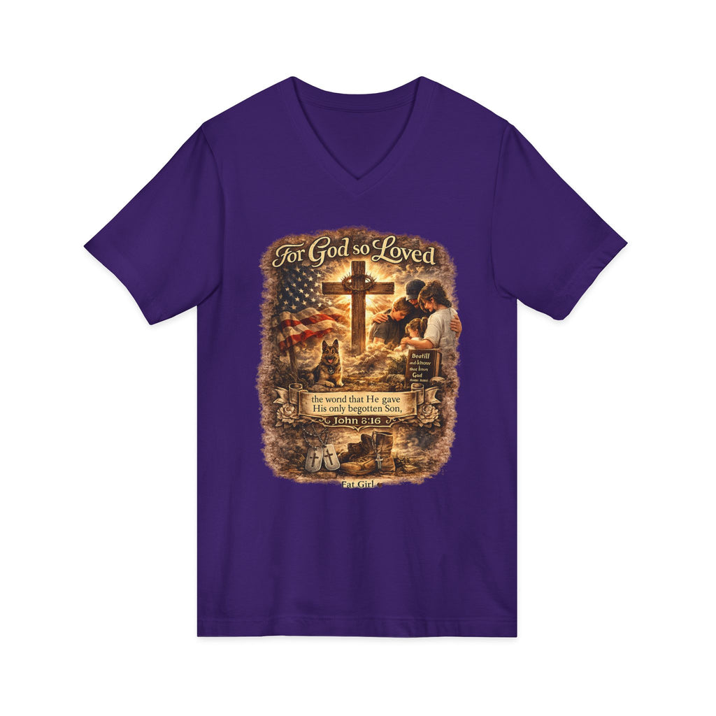 Christian Faith V-Neck Tee — "For God So Loved" Cross & Scripture