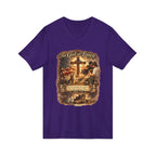 Christian Faith V-Neck Tee — "For God So Loved" Cross & Scripture