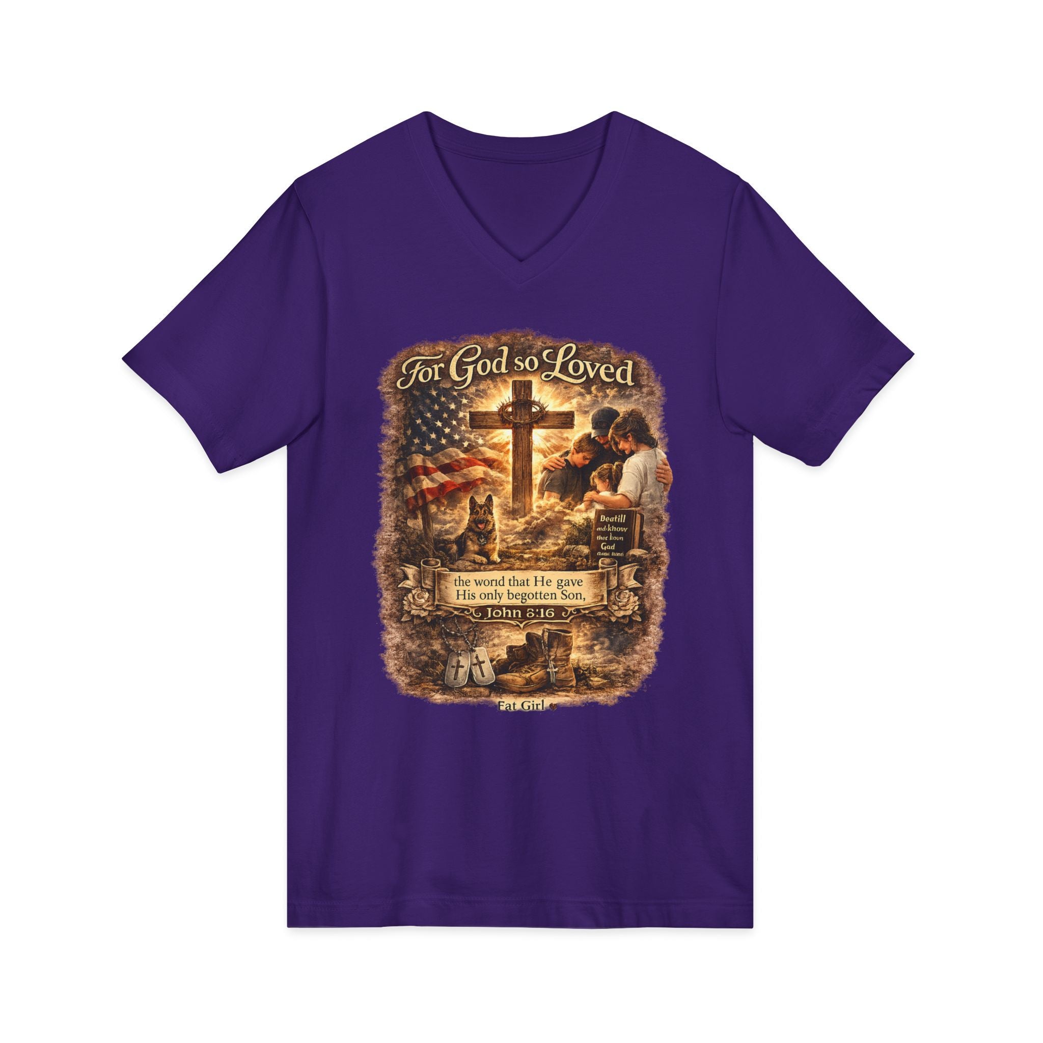 Christian Faith V-Neck Tee — "For God So Loved" Cross & Scripture