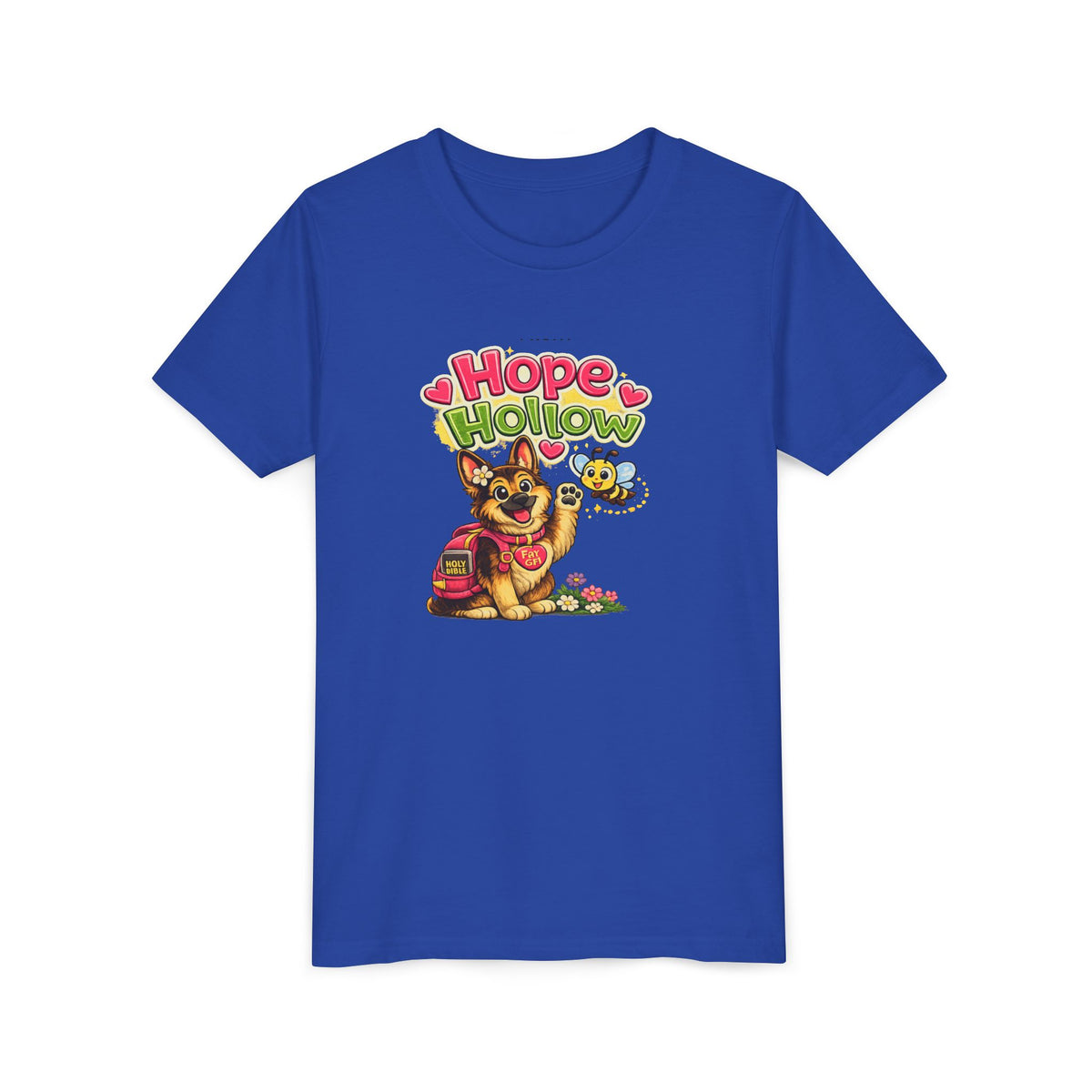 Youth Tee — "Hope Hollow" Christian Kids Shirt with Cute Puppy & "Walking in God's Love Every Day" Design