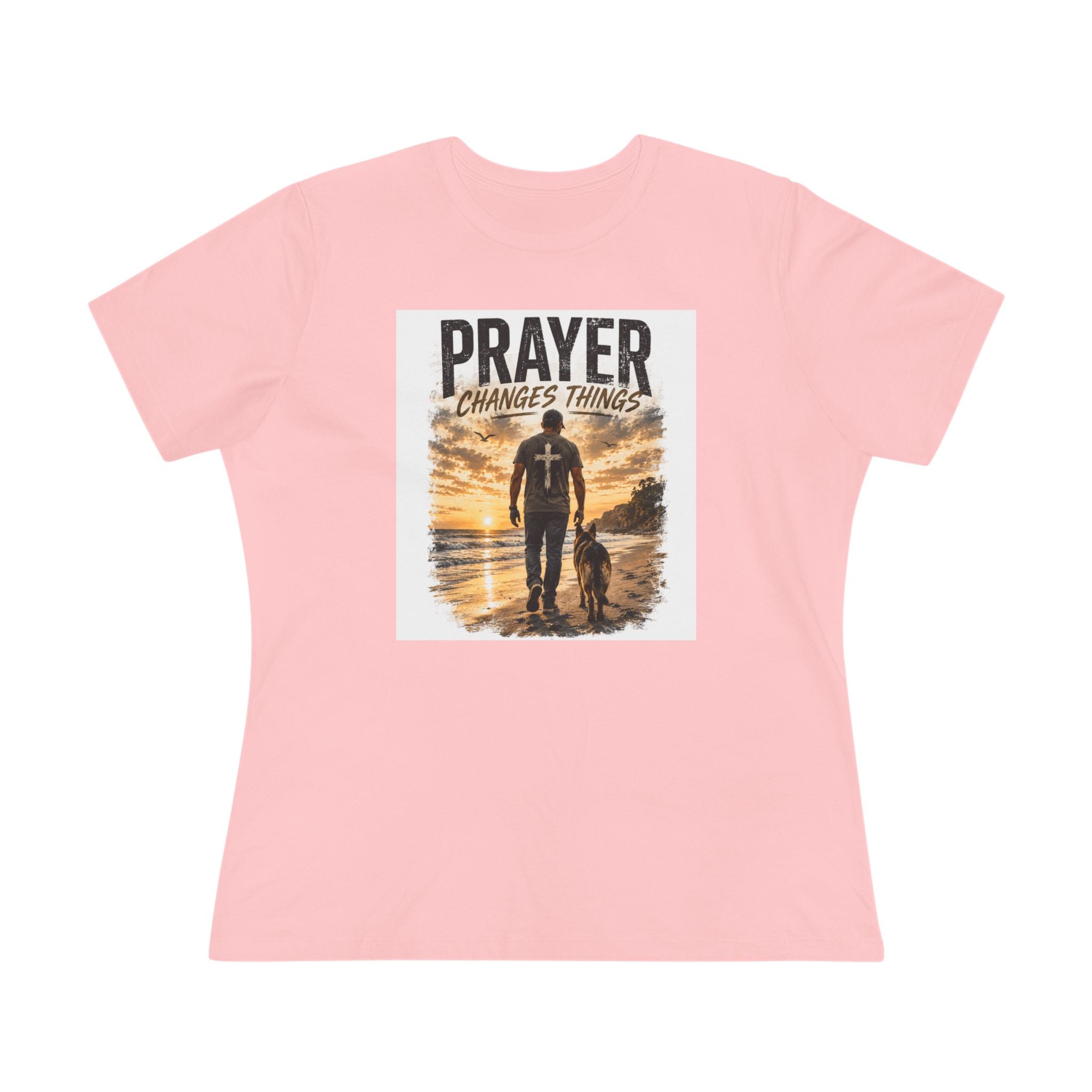 Prayer Changes Things Women’s Tee — Inspirational Christian Faith Shirt (Father & Child Sunset Design)