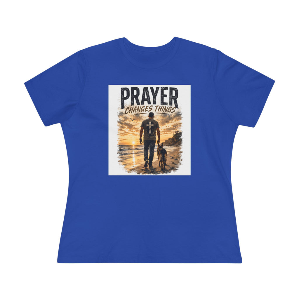 Prayer Changes Things Women’s Tee — Inspirational Christian Faith Shirt (Father & Child Sunset Design)