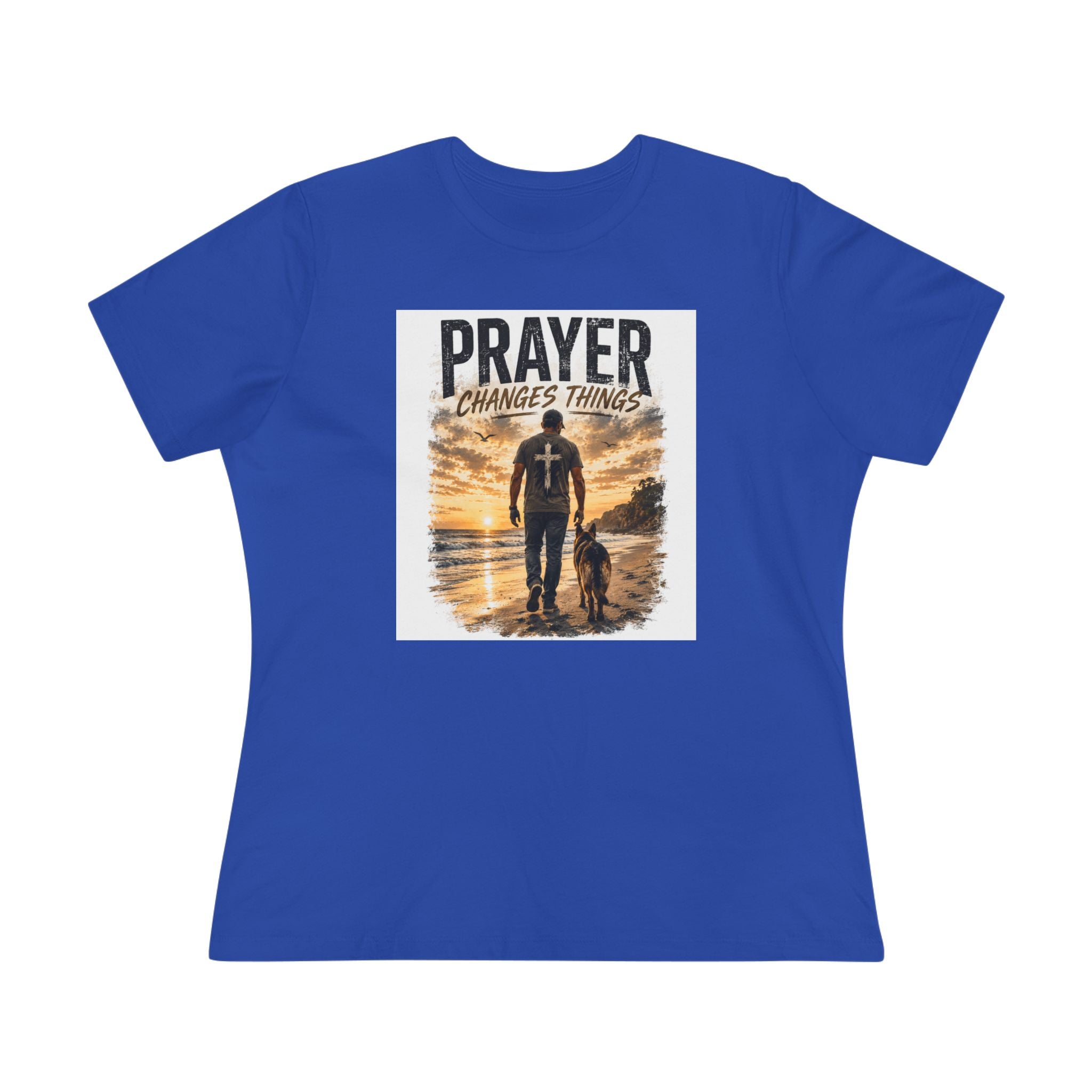 Prayer Changes Things Women’s Tee — Inspirational Christian Faith Shirt (Father & Child Sunset Design)