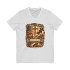 Christian Faith V-Neck Tee — "For God So Loved" Cross & Scripture