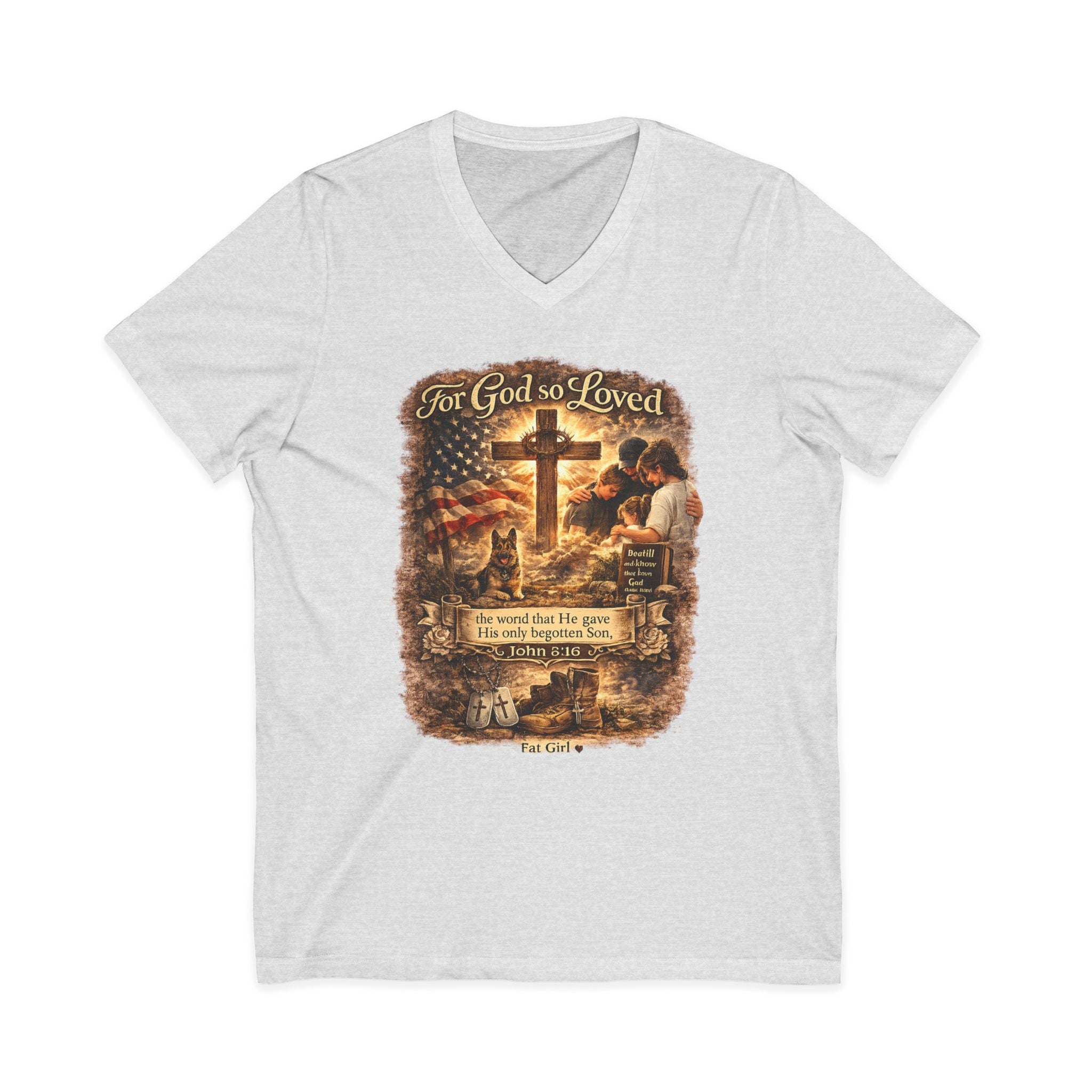 Christian Faith V-Neck Tee — "For God So Loved" Cross & Scripture