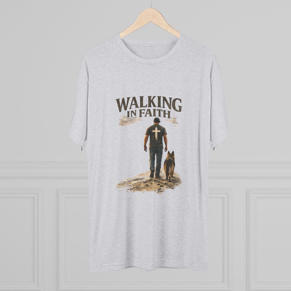 Walking in Faith T-Shirt — Christian Faith Tee with Man & Dog Graphic