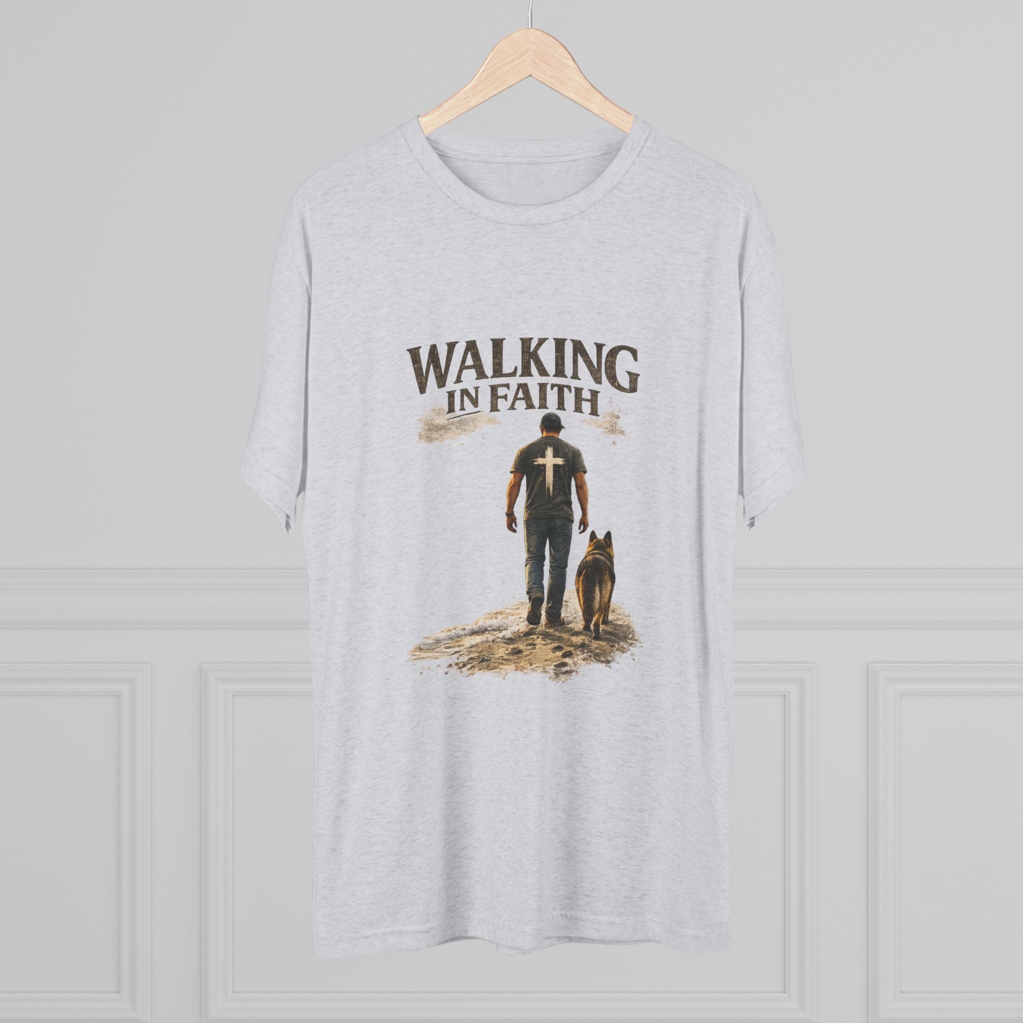 Walking in Faith T-Shirt — Christian Faith Tee with Man & Dog Graphic