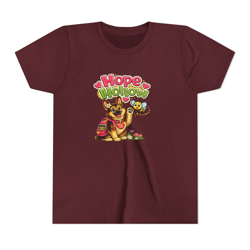 Youth Tee — "Hope Hollow" Christian Kids Shirt with Cute Puppy & "Walking in God's Love Every Day" Design
