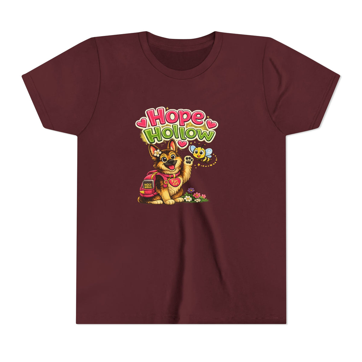 Youth Tee — "Hope Hollow" Christian Kids Shirt with Cute Puppy & "Walking in God's Love Every Day" Design
