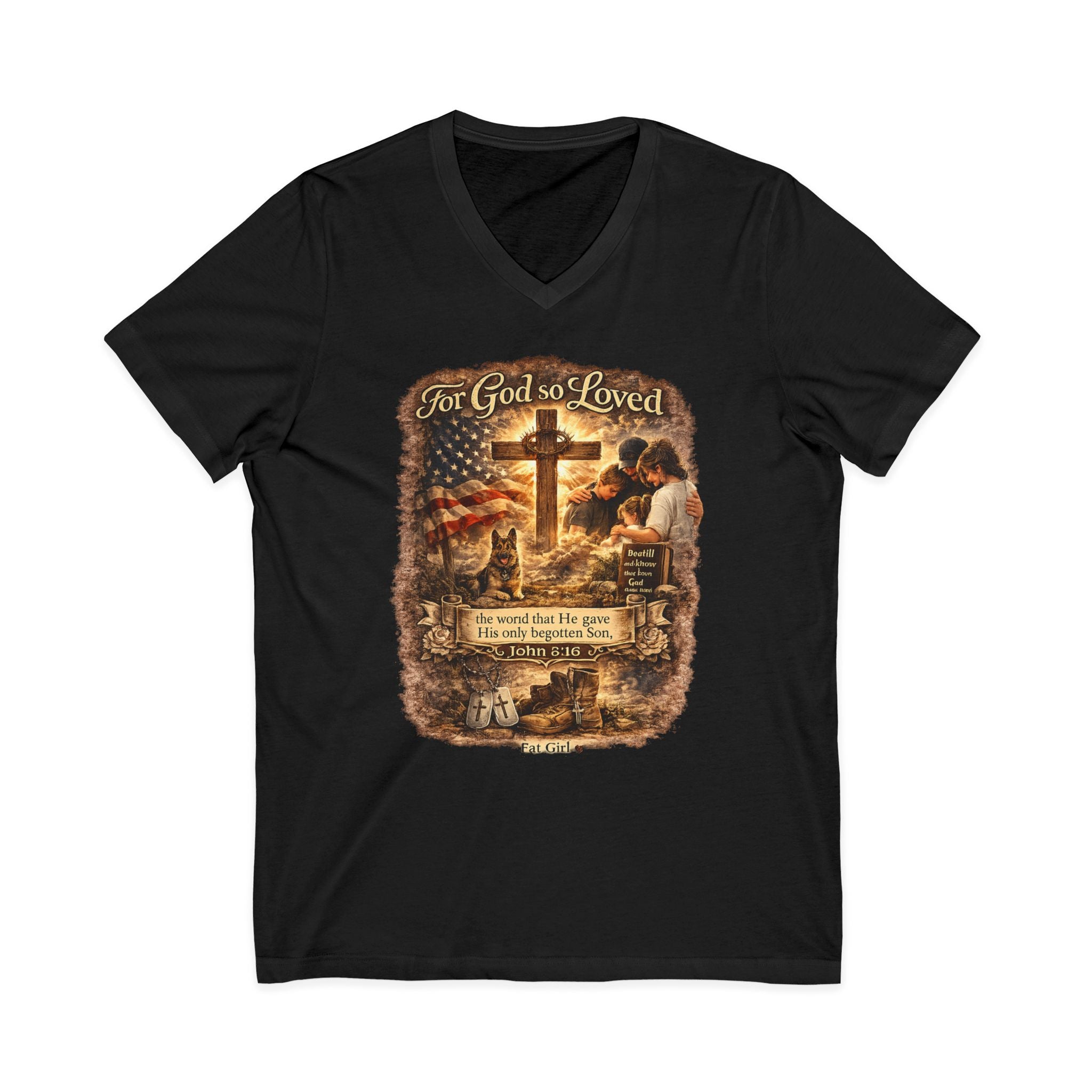 Christian Faith V-Neck Tee — "For God So Loved" Cross & Scripture