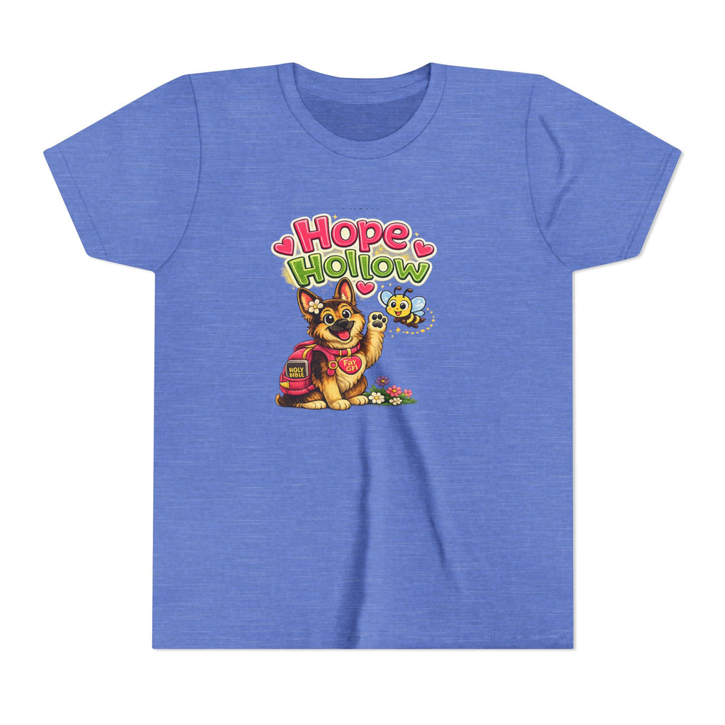 Youth Tee — "Hope Hollow" Christian Kids Shirt with Cute Puppy & "Walking in God's Love Every Day" Design