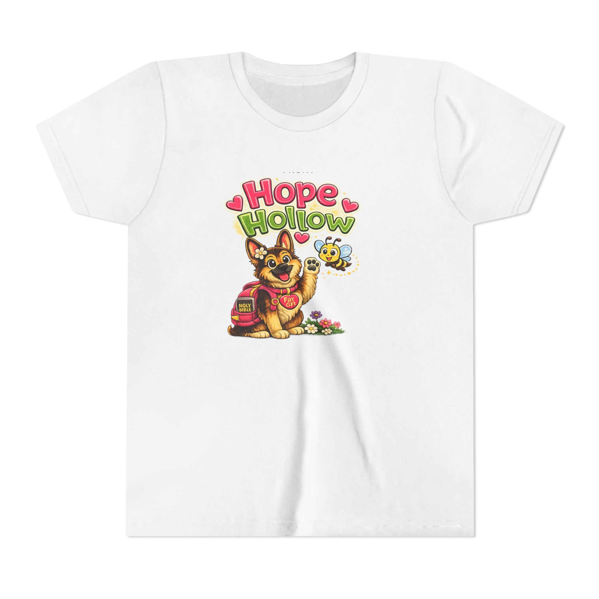 Youth Tee — "Hope Hollow" Christian Kids Shirt with Cute Puppy & "Walking in God's Love Every Day" Design