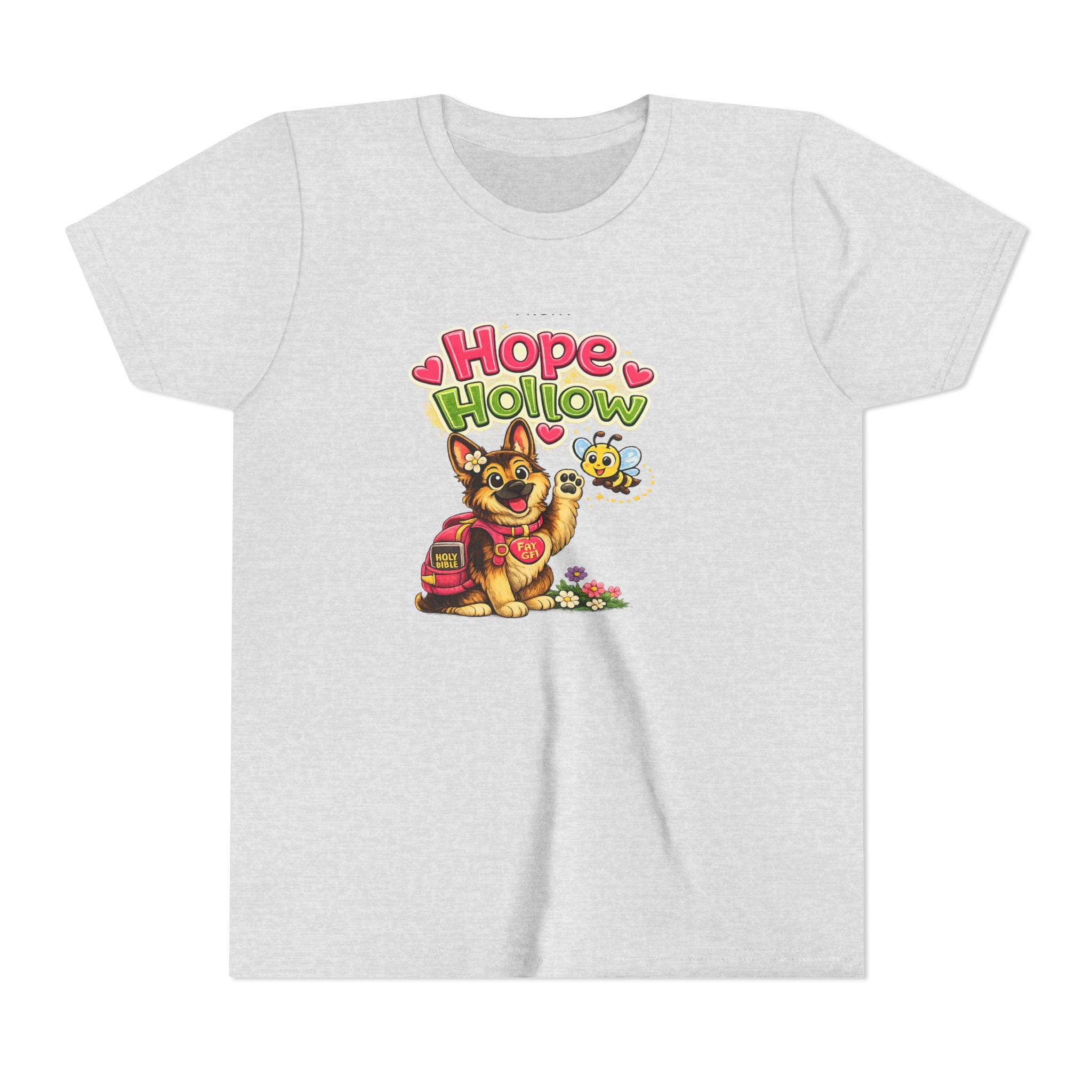 Youth Tee — "Hope Hollow" Christian Kids Shirt with Cute Puppy & "Walking in God's Love Every Day" Design
