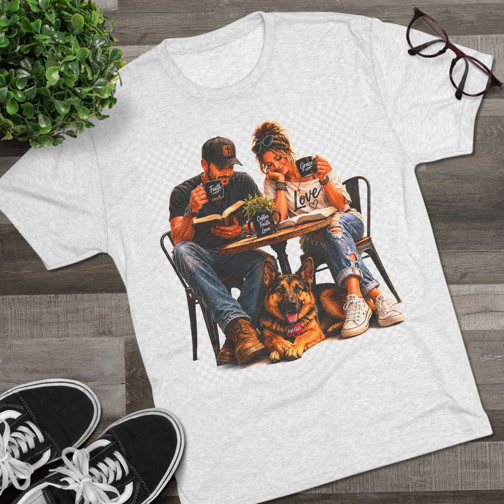 Couple Coffee Date T-Shirt with Dog — 'Love' Café Vibe Tee