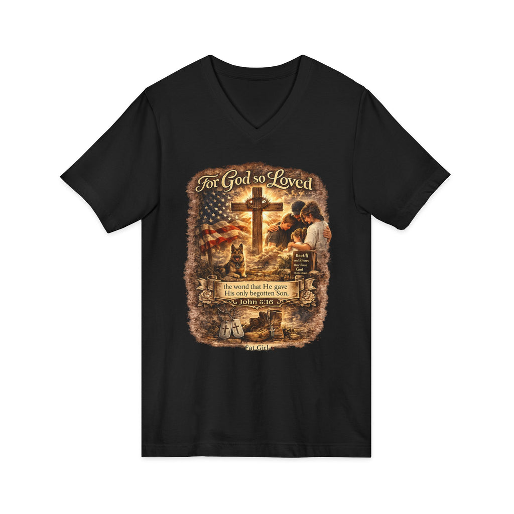 Christian Faith V-Neck Tee — "For God So Loved" Cross & Scripture