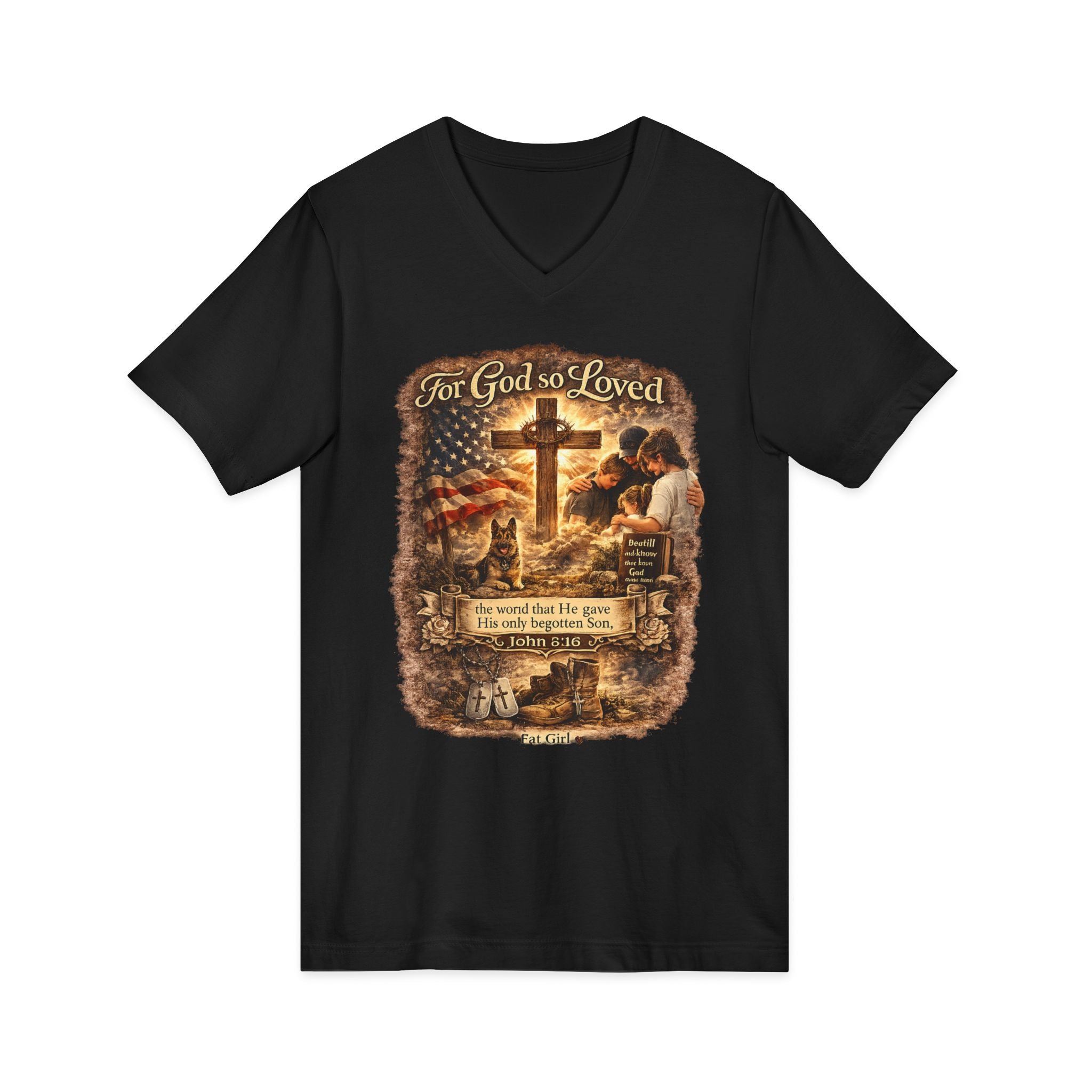 Christian Faith V-Neck Tee — "For God So Loved" Cross & Scripture