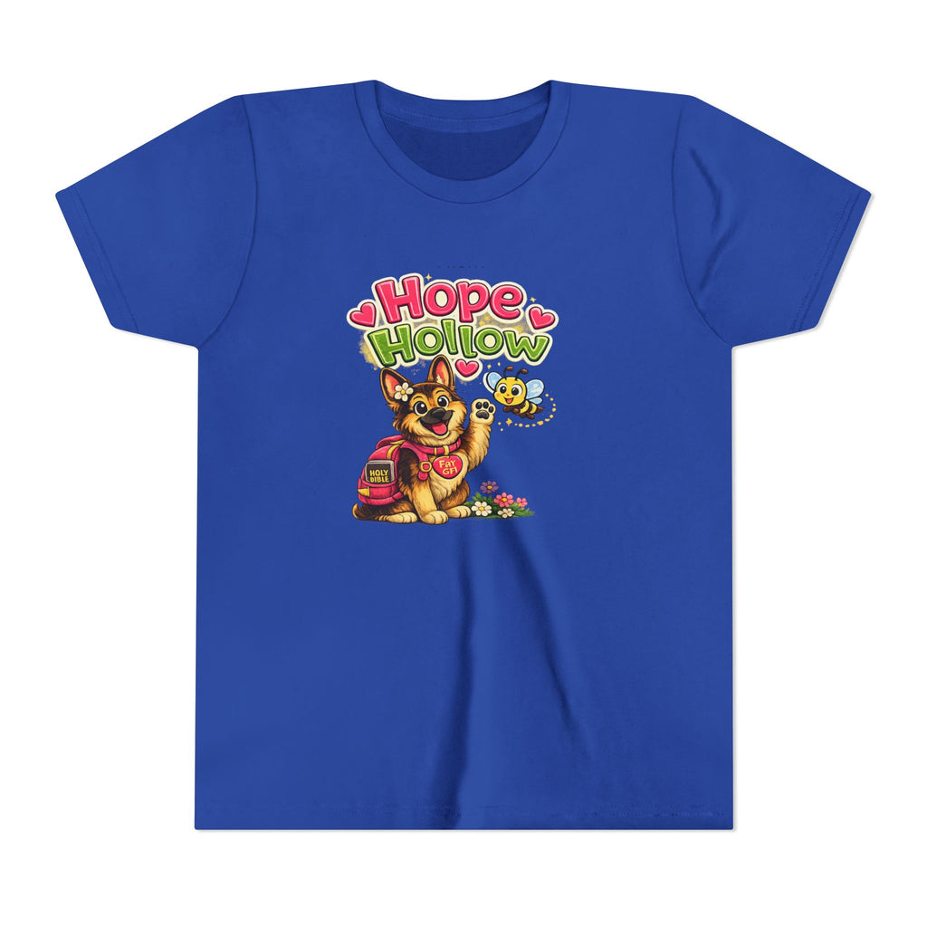 Youth Tee — "Hope Hollow" Christian Kids Shirt with Cute Puppy & "Walking in God's Love Every Day" Design