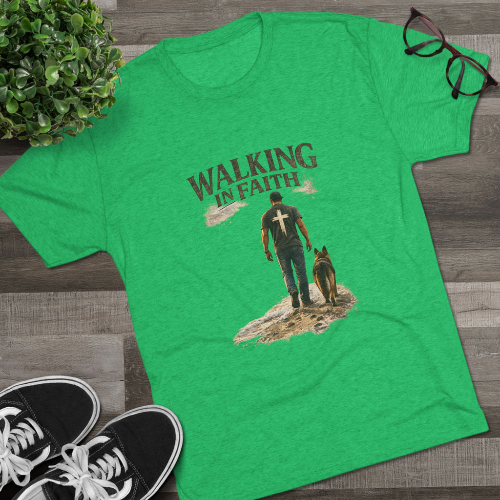 Walking in Faith T-Shirt — Christian Faith Tee with Man & Dog Graphic