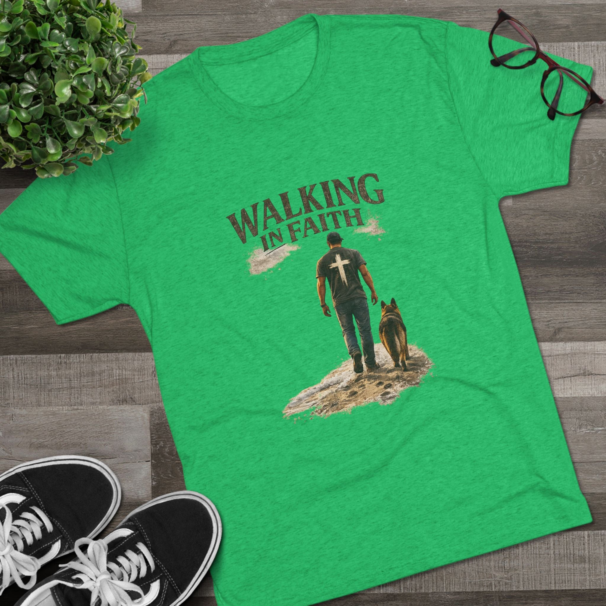 Walking in Faith T-Shirt — Christian Faith Tee with Man & Dog Graphic