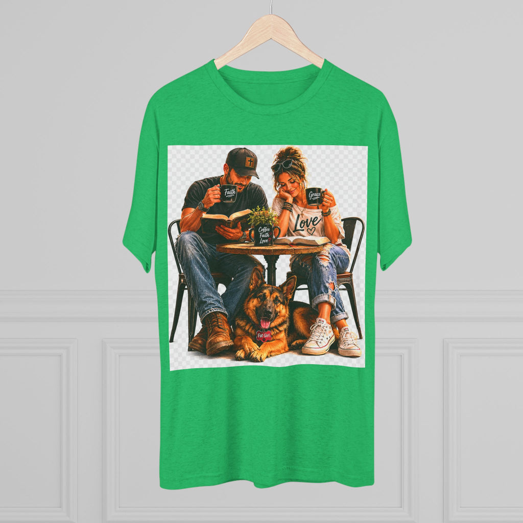 Couple Coffee Date T-Shirt with Dog — 'Love' Café Vibe Tee
