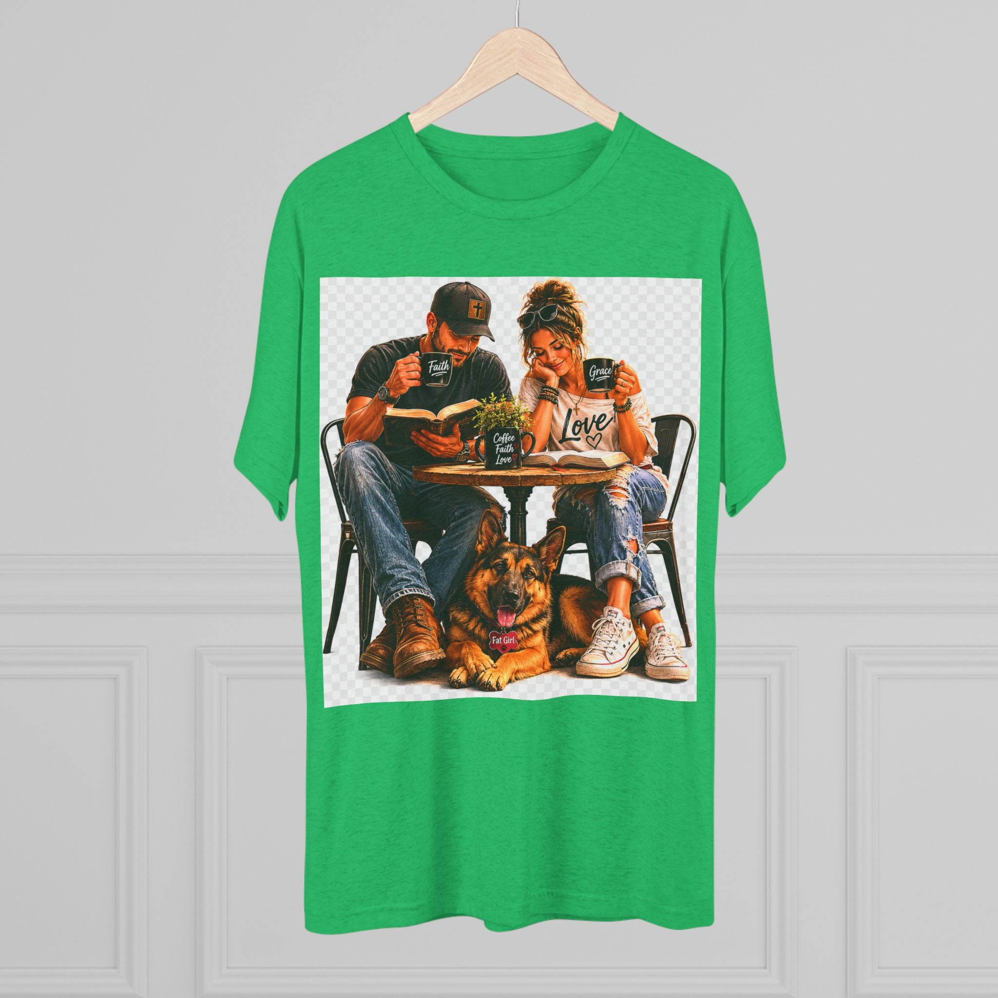 Couple Coffee Date T-Shirt with Dog — 'Love' Café Vibe Tee