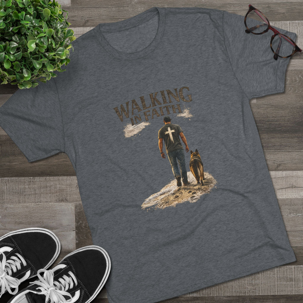 Walking in Faith T-Shirt — Christian Faith Tee with Man & Dog Graphic