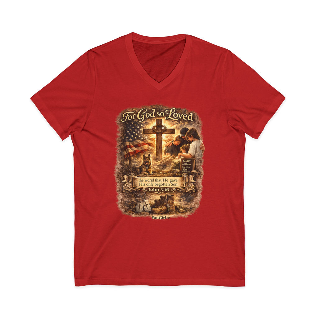 Christian Faith V-Neck Tee — "For God So Loved" Cross & Scripture