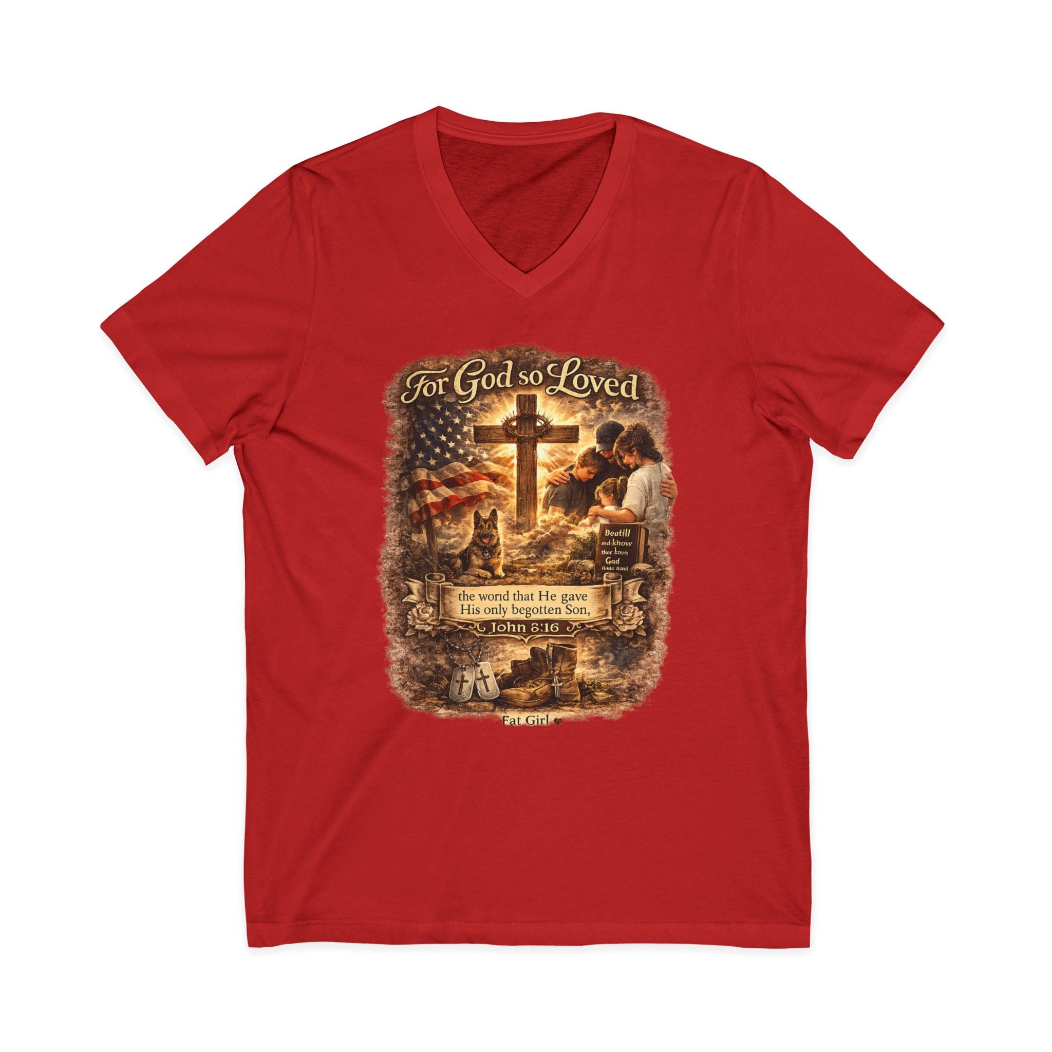 Christian Faith V-Neck Tee — "For God So Loved" Cross & Scripture