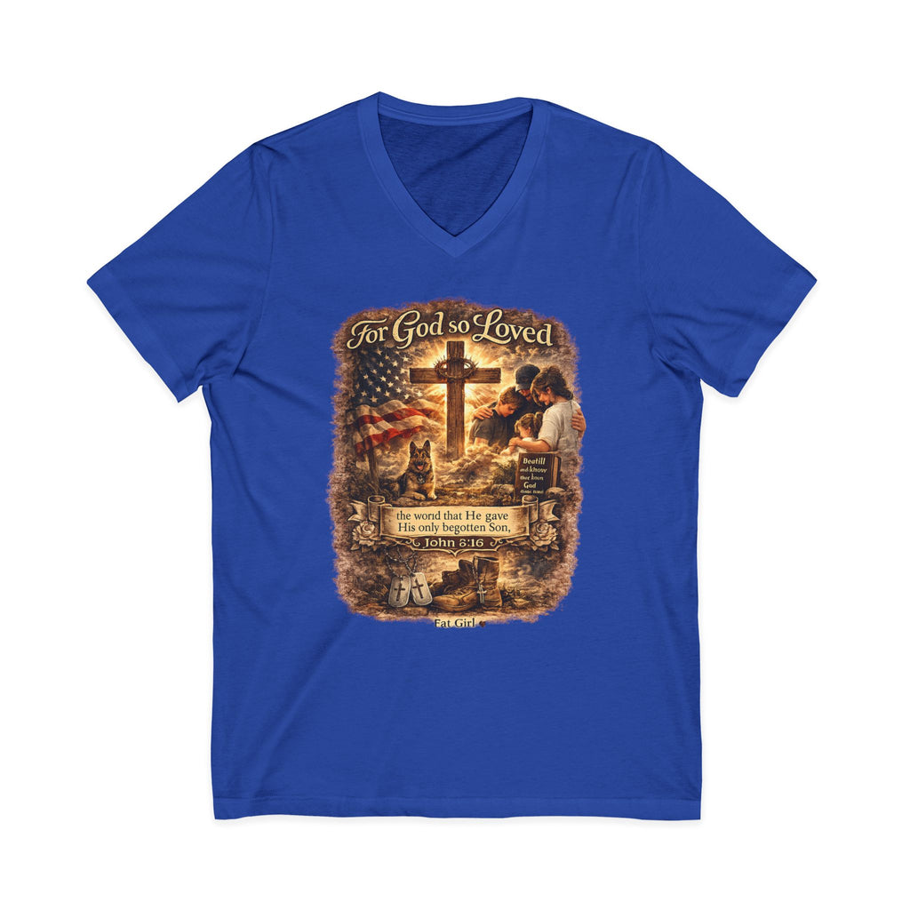 Christian Faith V-Neck Tee — "For God So Loved" Cross & Scripture
